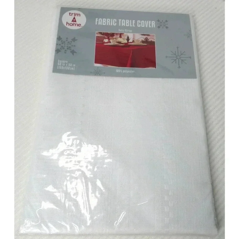 NEW Trim a Home Fabric Tablecloth Satin Stripe Polyester 52” X 52” Square White
